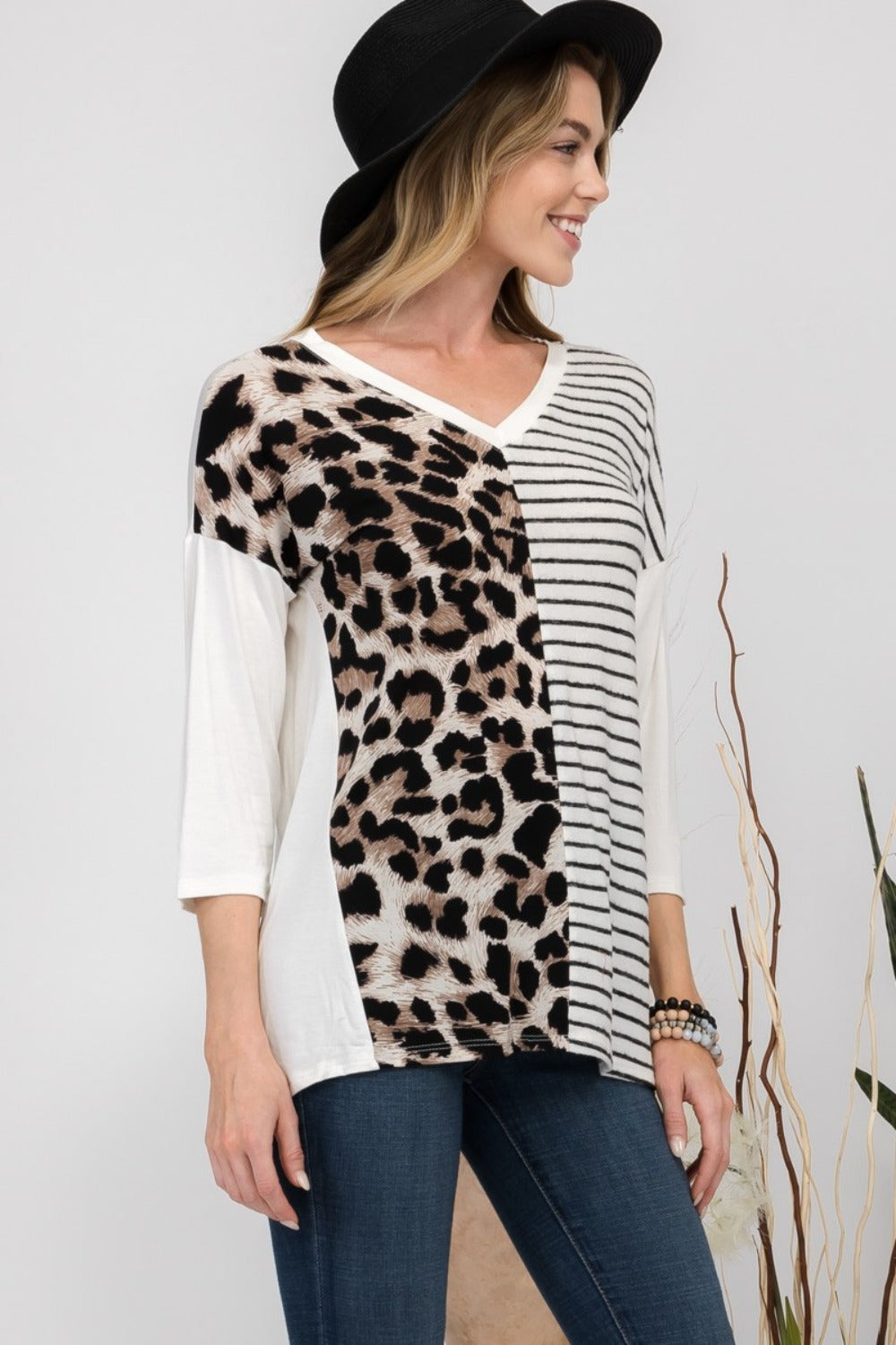 Celeste Full Size Front Leopard and Striped Print V-Neck T-Shirt