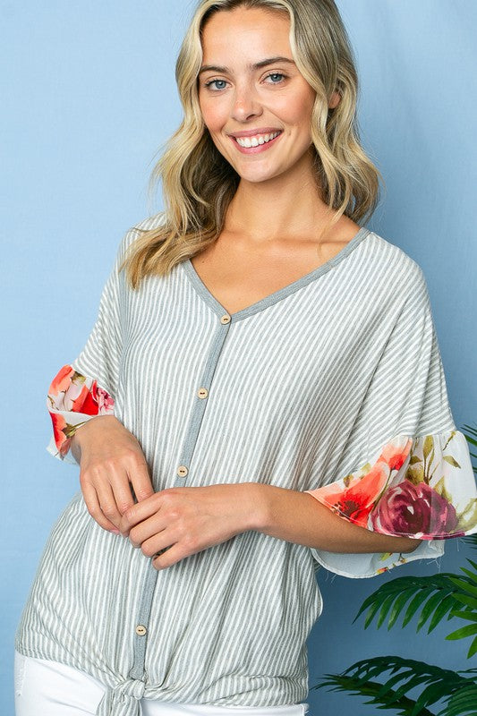 PLUS STRIPE FLORAL MIXED RUFFLE TOP