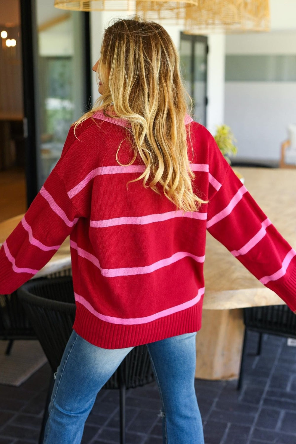 Haptics Collared Neck Striped Contrast Sweater