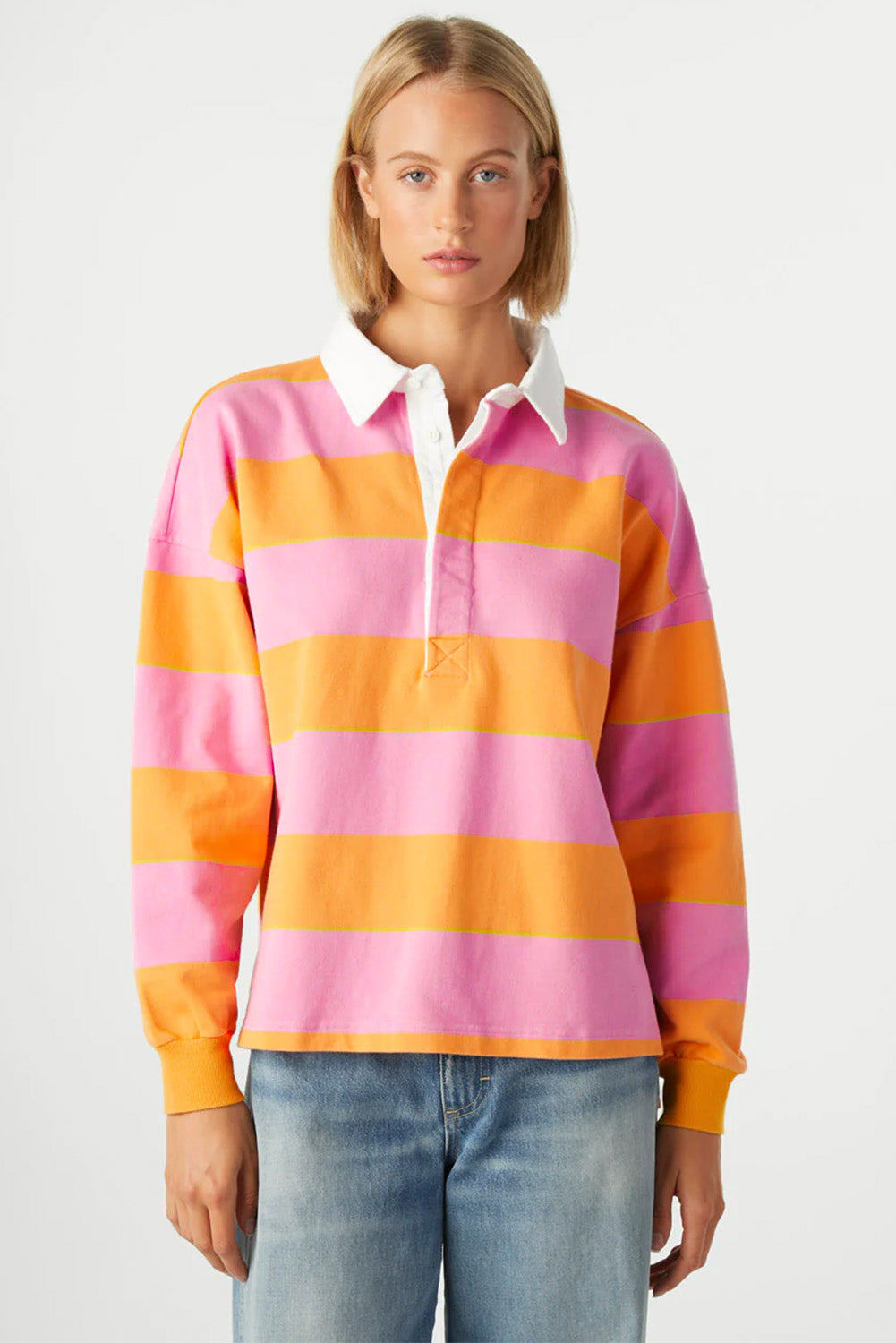 Contrast Striped Collared Neck Long Sleeve Sweatshirt