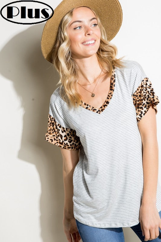 PLUS STRIPE ANIMAL PRINT MIXED TOP