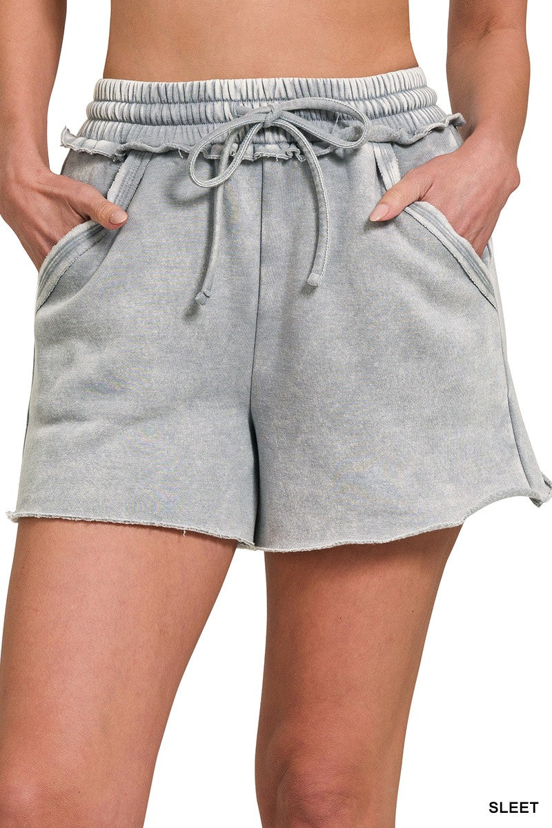 ZENANA SLEET ACID WASH DRAWSTRING SHORTS