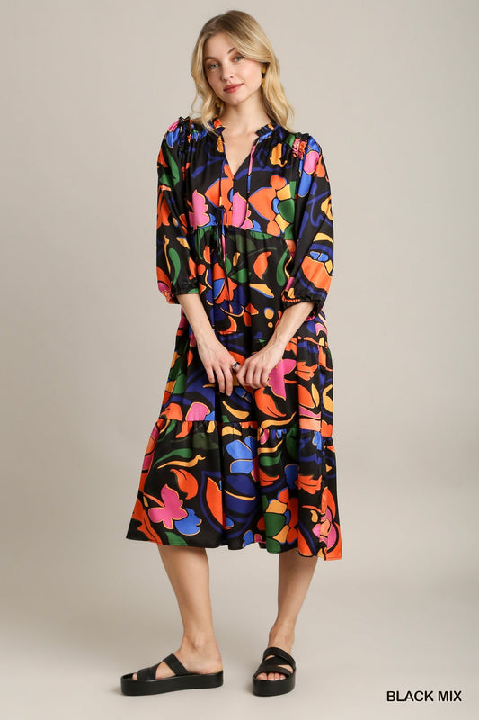 Abstract Satin Tiered Midi Dress with Bubble Sleeves