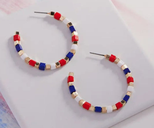 American Flag Color Wood Bead Hoop Earrings