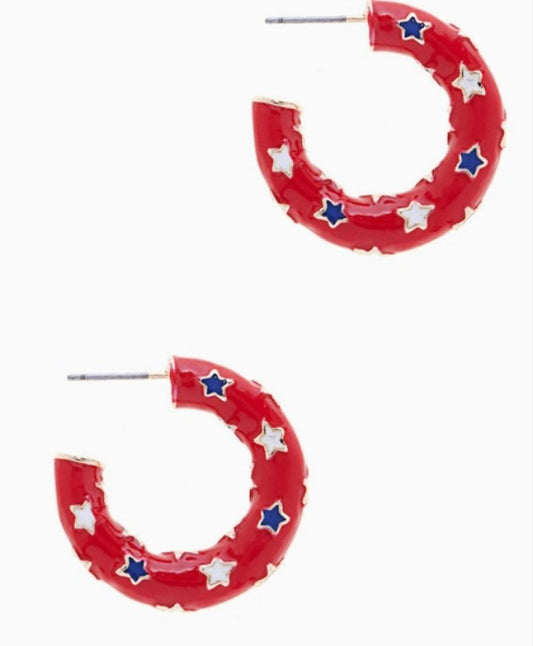 American Flag Color with Star Enamel Hoop Earrings