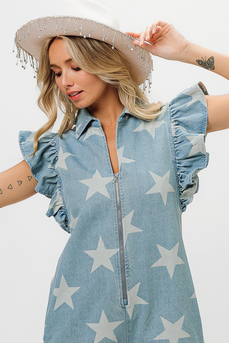 BIBI STAR PRINT DENIM ZIP UP SHORT ROMPER