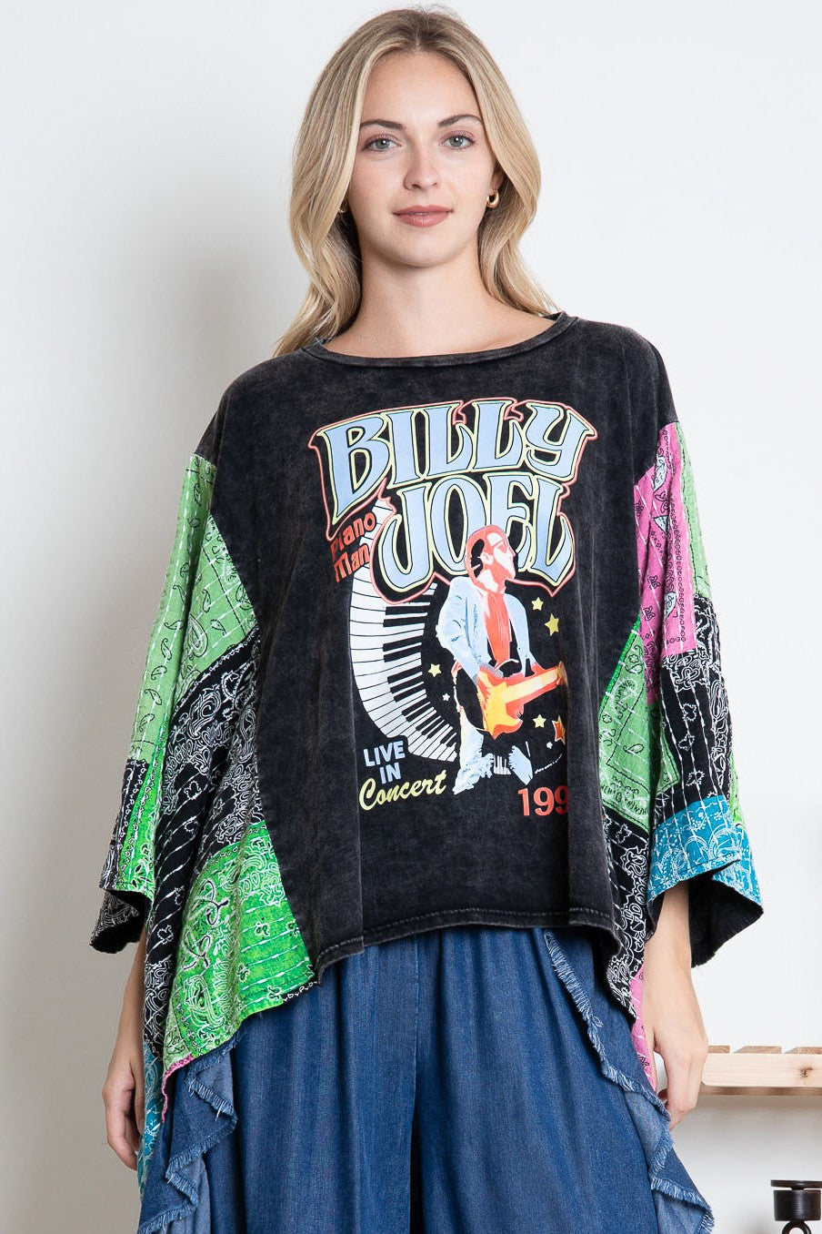 BILLY JOEL PRINT STITCHED PANCHO SLEEVE T-SHIRTS