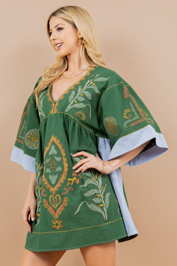 BOHO GREEN EMBROIDERY DRESS