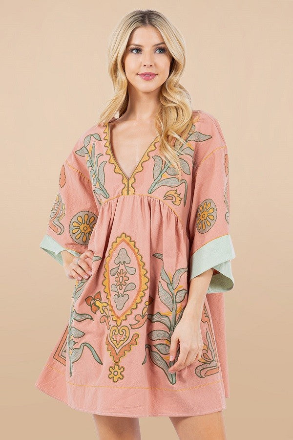 BOHO PINK EMBROIDERY DRESS