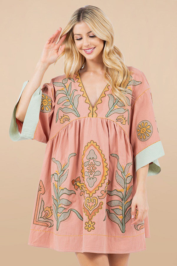 BOHO PINK EMBROIDERY DRESS
