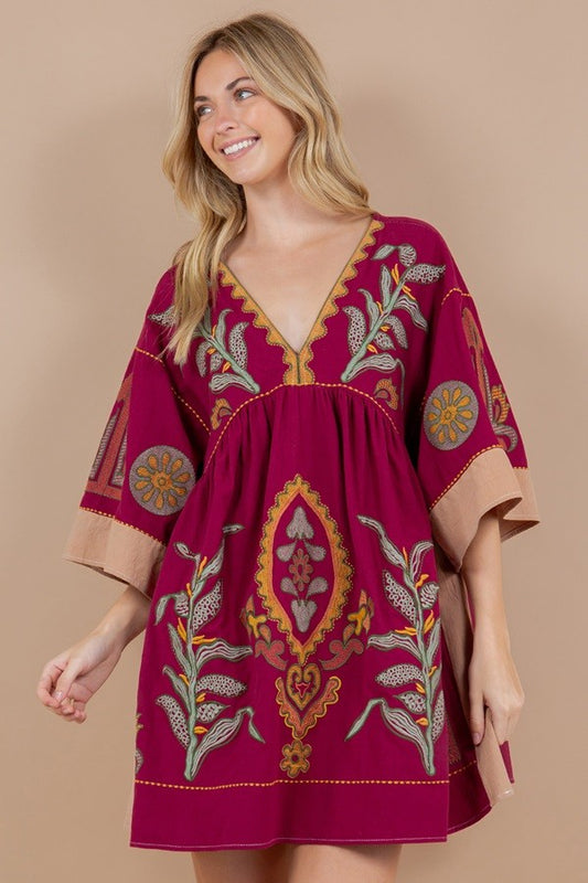 BOHO WINE EMBROIDERY DRESS