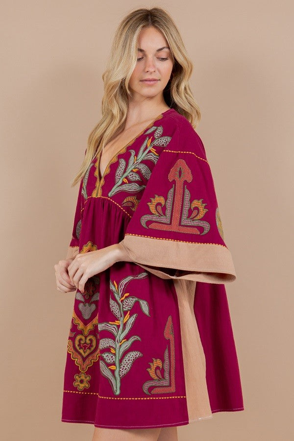 BOHO WINE EMBROIDERY DRESS