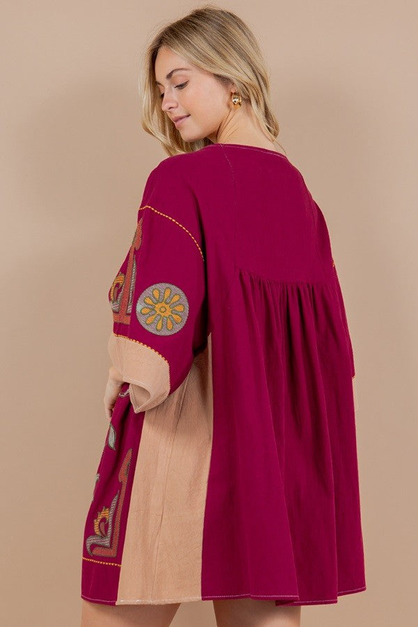 BOHO WINE EMBROIDERY DRESS