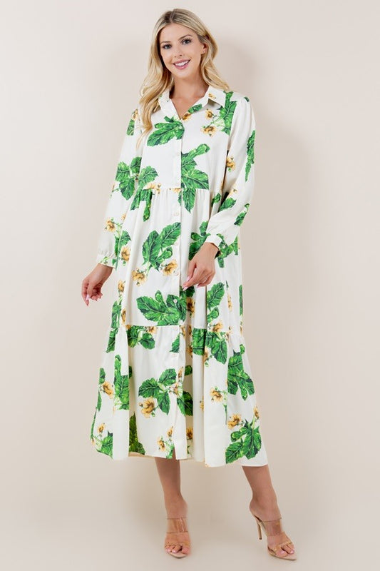 Botanical Print Long Sleeve Buttom Down Dress