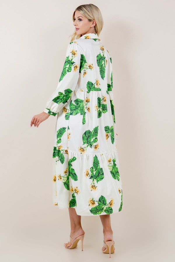 Botanical Print Long Sleeve Buttom Down Dress