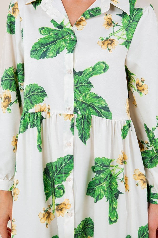 Botanical Print Long Sleeve Buttom Down Dress