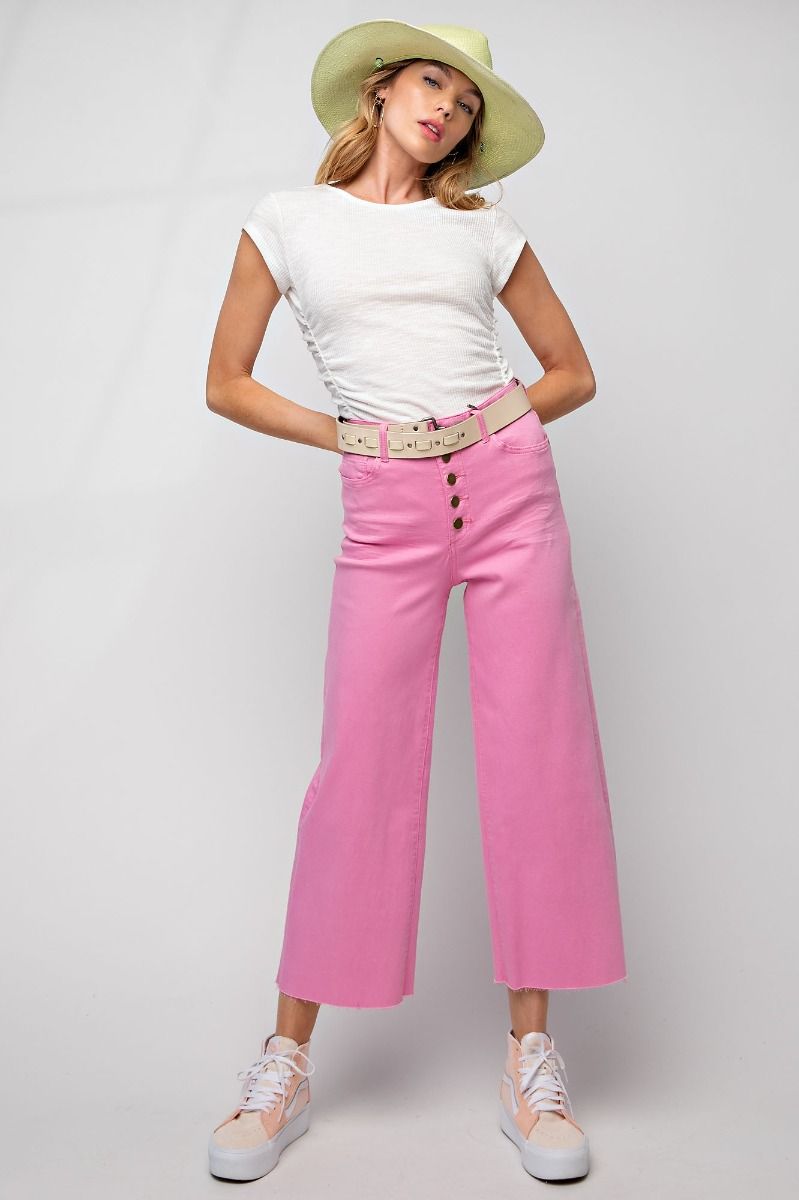 BUBBLE GUM BUTTON FRONT STRETCH BELL BOTTOM PANTS