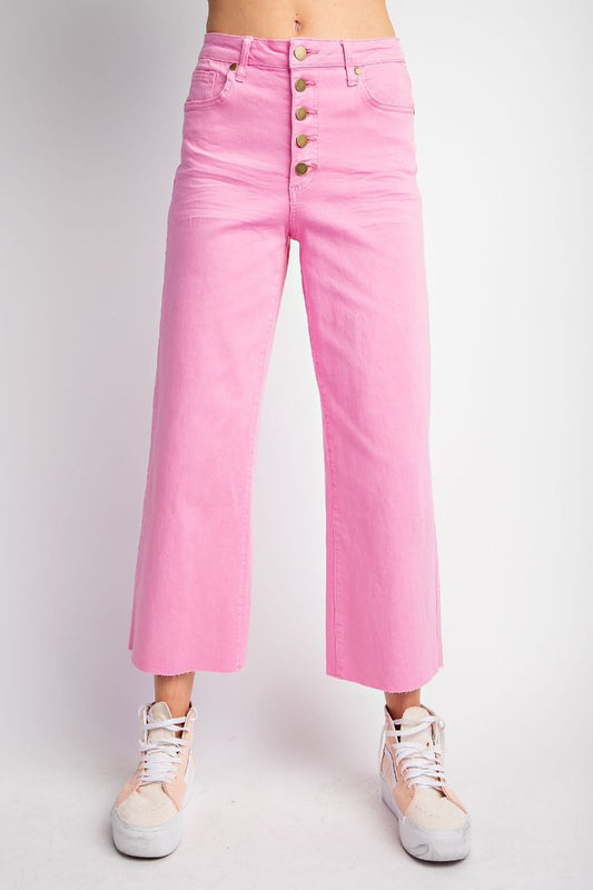 BUBBLE GUM BUTTON FRONT STRETCH BELL BOTTOM PANTS