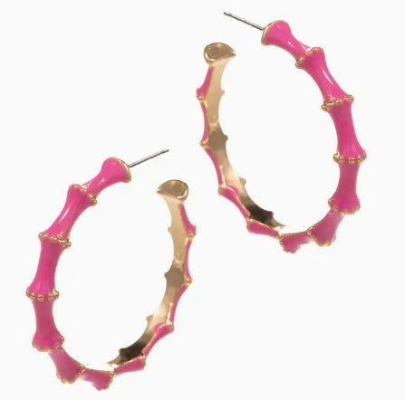 Bamboo Shaped Color Enamel Metal Hoop Earrings Hot Pink