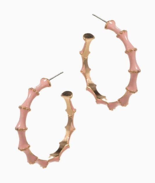 Bamboo Shaped Color Enamel Metal Hoop Earrings Dusty Pink