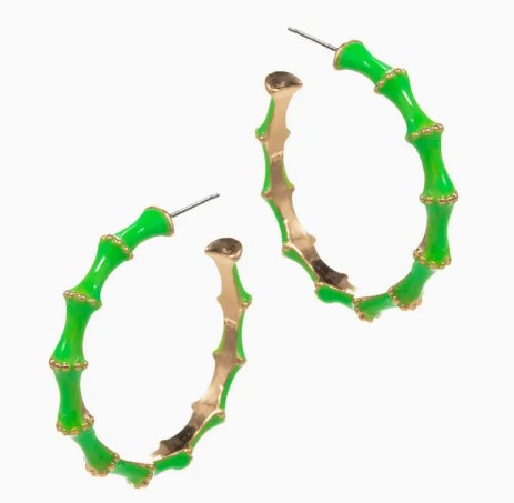 Bamboo Shaped Color Enamel Metal Hoop Earrings Green