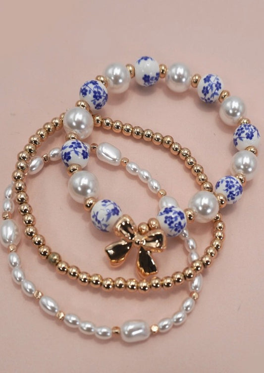 Blue Ceramic Porcelain Bow Multi Layer Bracelet