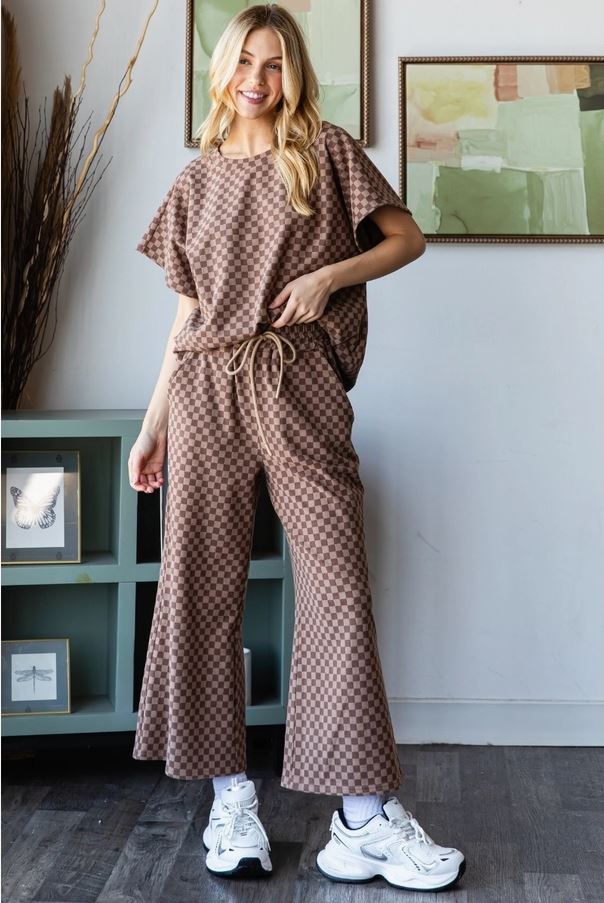 Checker Jersey Short Sleeve Set Brown