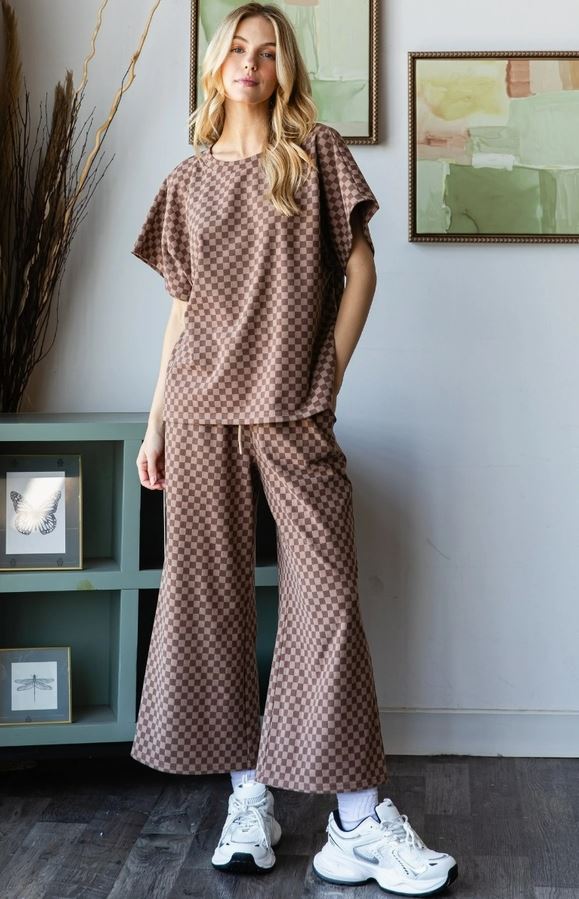 Checker Jersey Short Sleeve Set Brown
