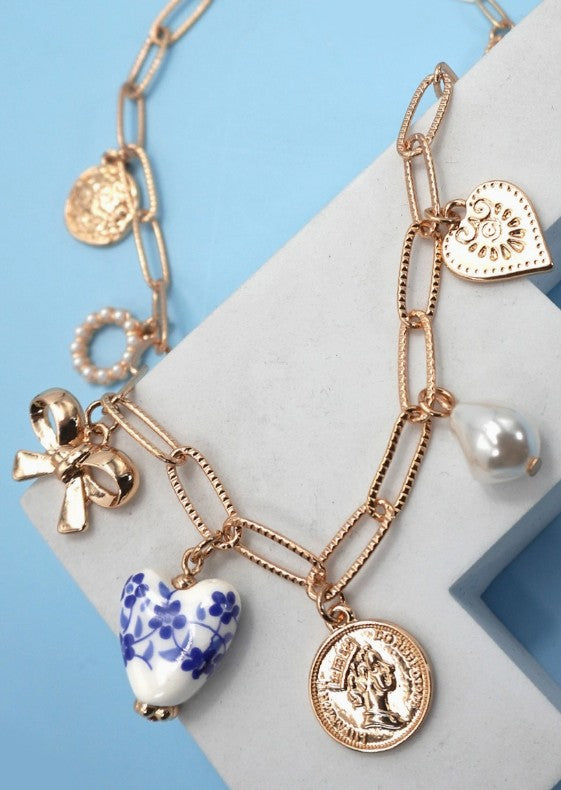 Ceramic Porcelain Bow Heart Charm Link Necklace