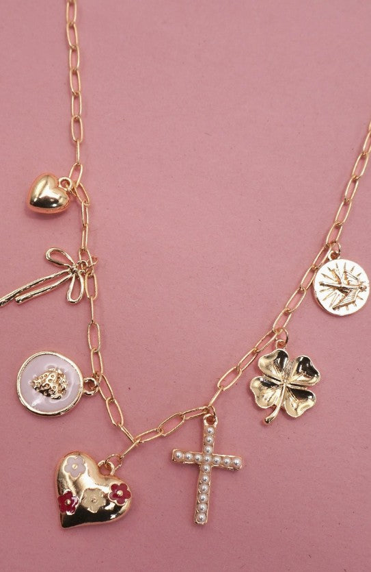 LuckyCharm Necklace-Cross Clover Heart Bow