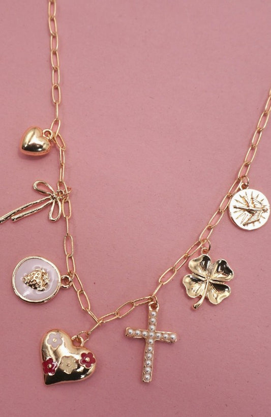 LuckyCharm Necklace-Cross Clover Heart Bow