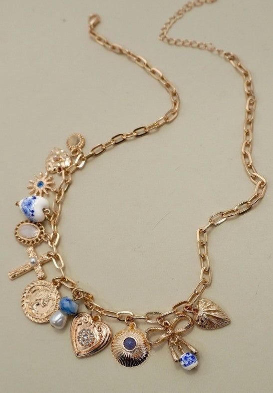Blue Heart Charm Necklace-Porcelain Hearts Cross Necklace