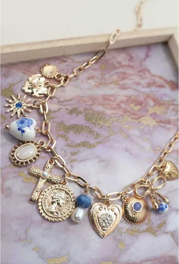 Blue Heart Charm Necklace-Porcelain Hearts Cross Necklace