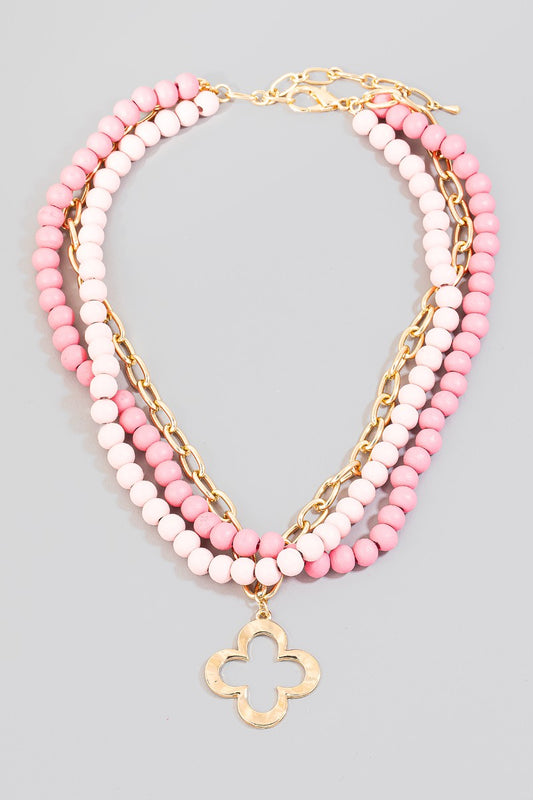 Clover Pendant Layered Wooden Beaded Necklace - PINK