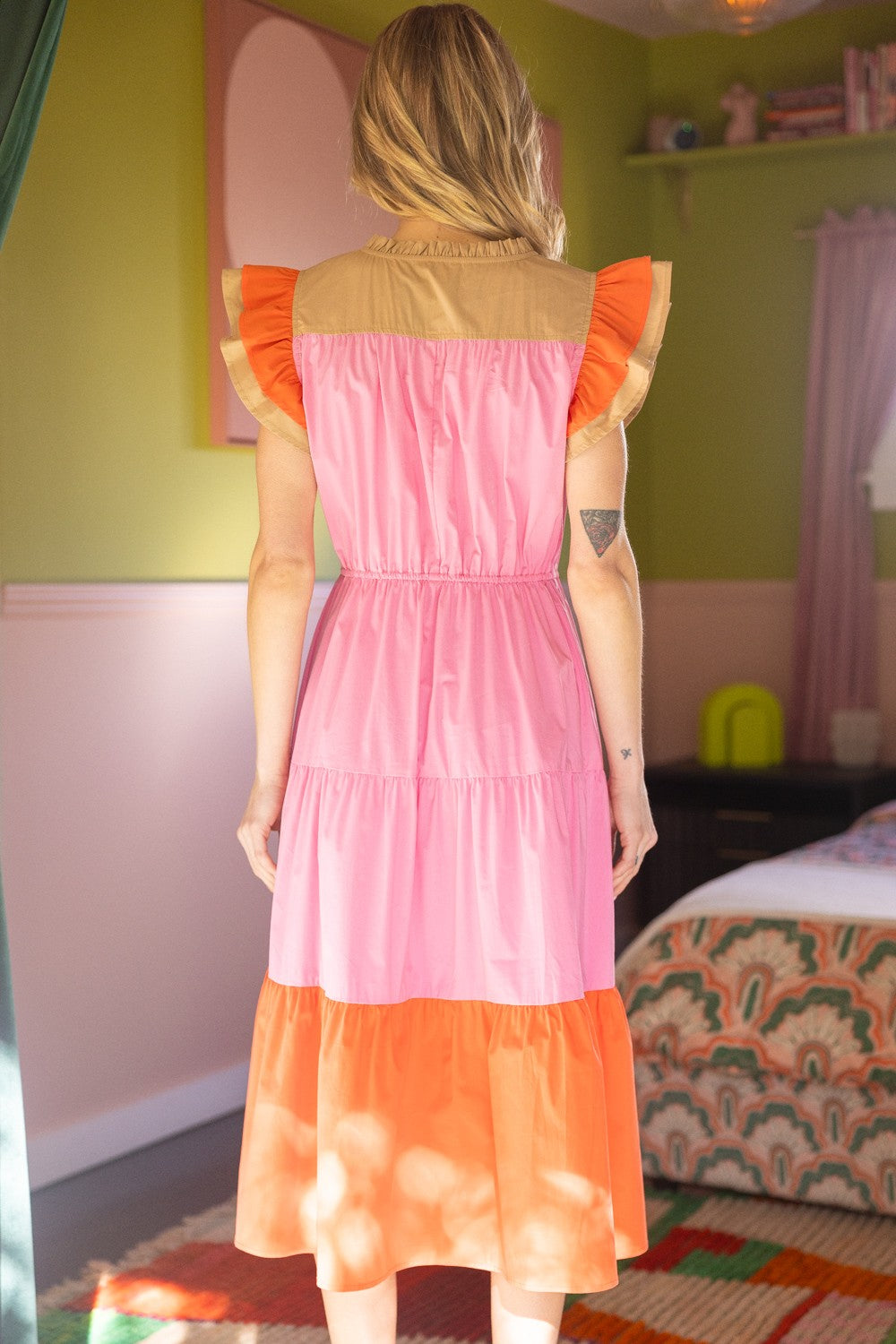 Color Block Multi Stitched Placket Poplin Dress