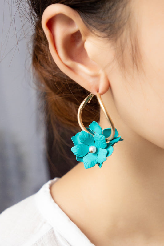 Color Coated Flowers Cluster Hoop Earrings - TEAL
