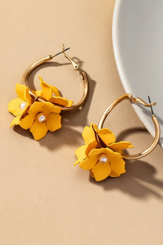 Color Coated Flowers Cluster Hoop Earrings - MUSTARD