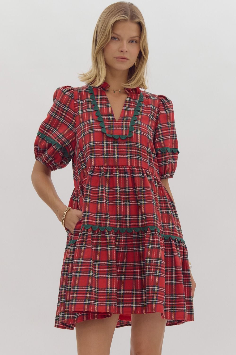 Mary Red Plaid Tiered Dress