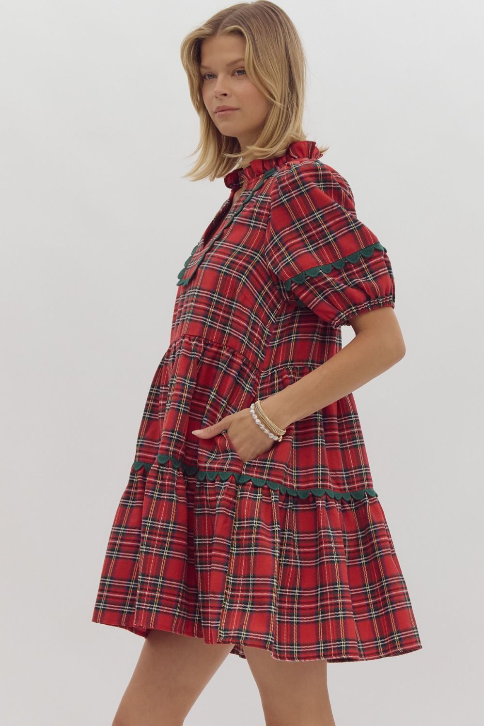 Mary Red Plaid Tiered Dress