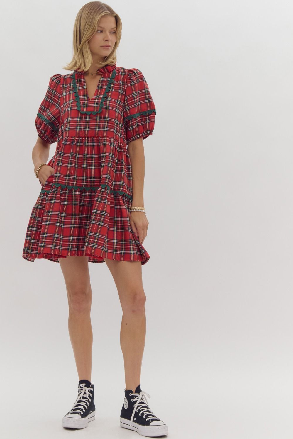 Mary Red Plaid Tiered Dress