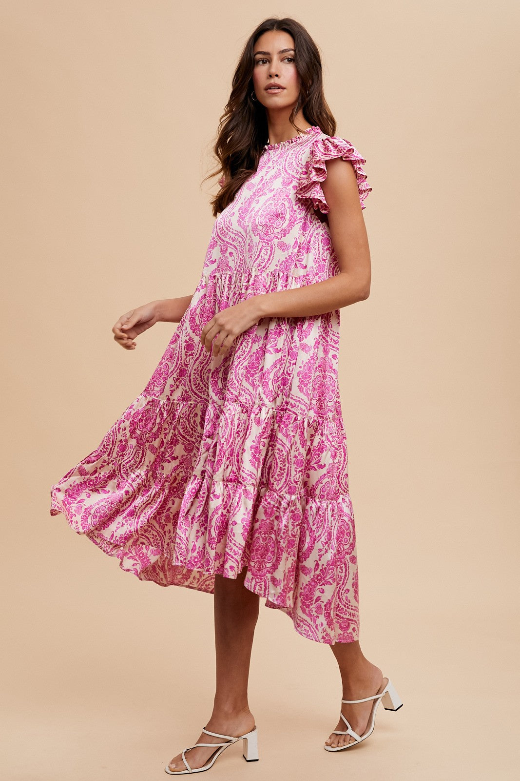 DAMASK PRINT SATIN TIERED MIDI DRESS