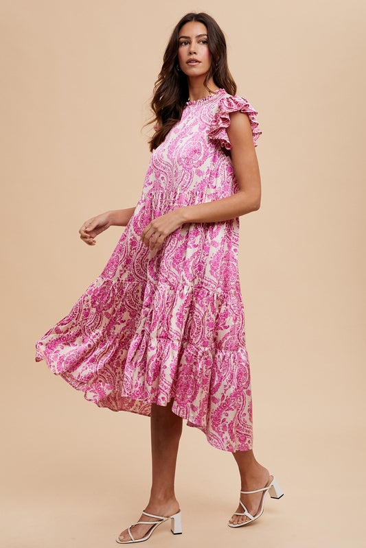 DAMASK PRINT SATIN TIERED MIDI DRESS