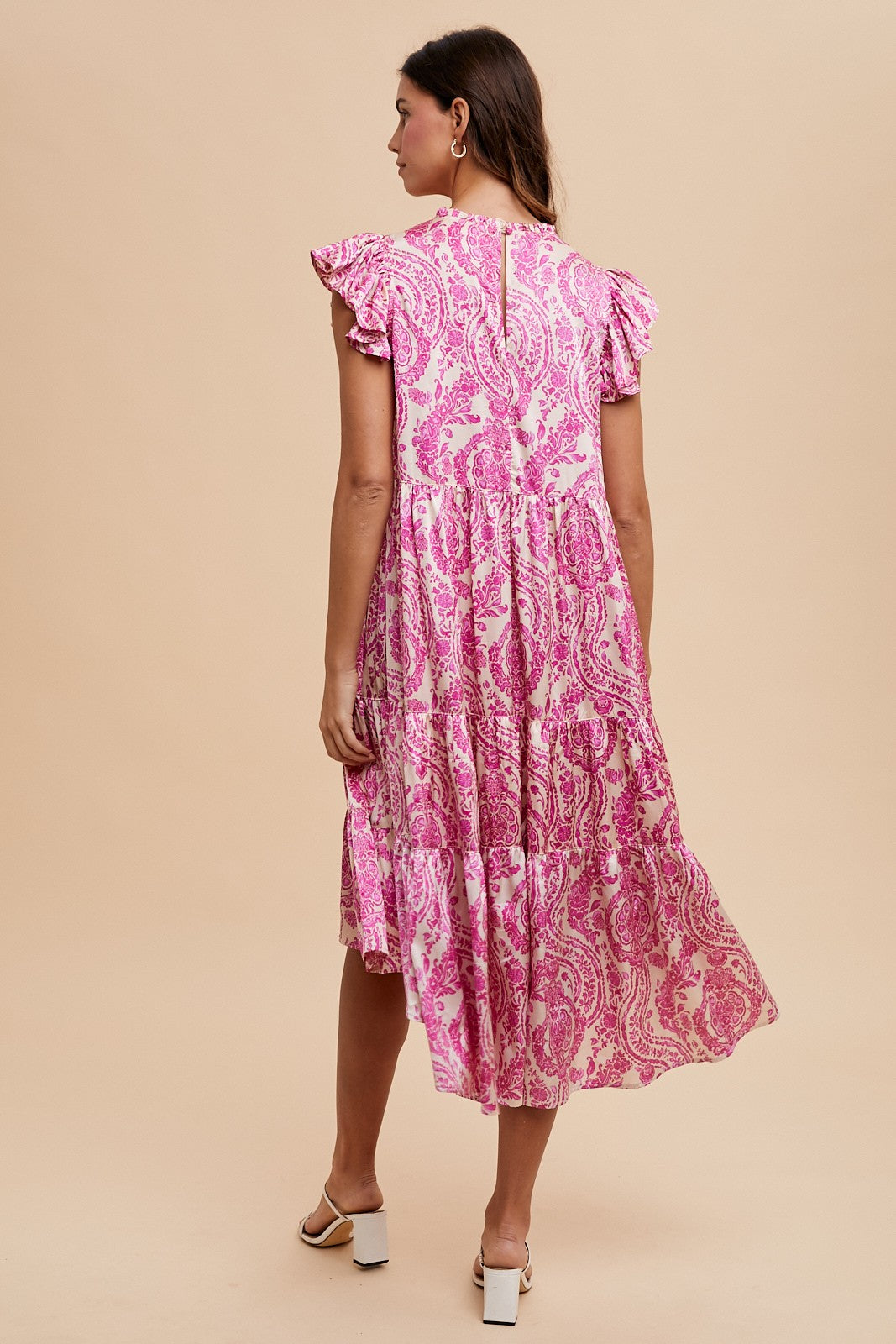 DAMASK PRINT SATIN TIERED MIDI DRESS