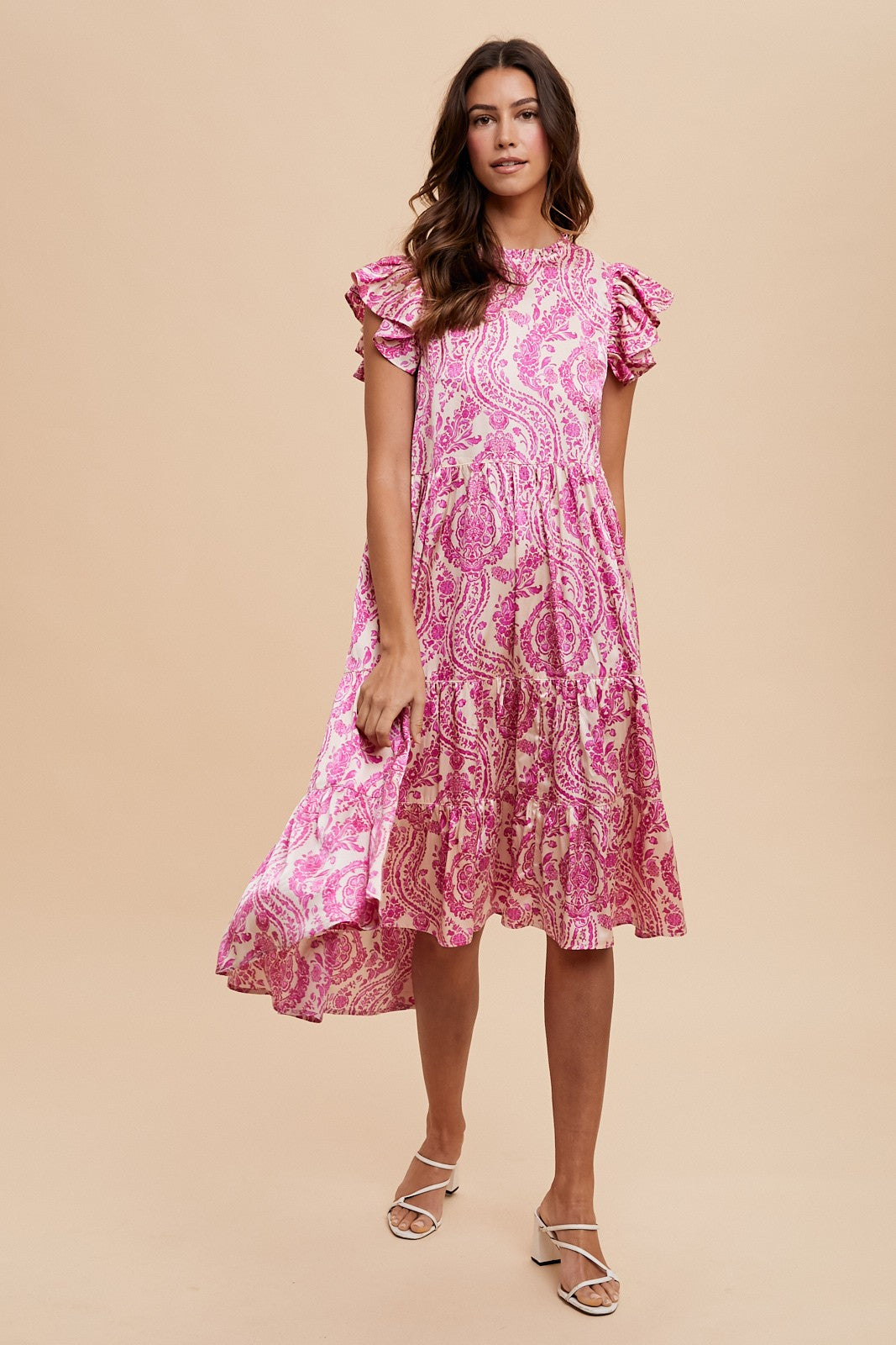 DAMASK PRINT SATIN TIERED MIDI DRESS