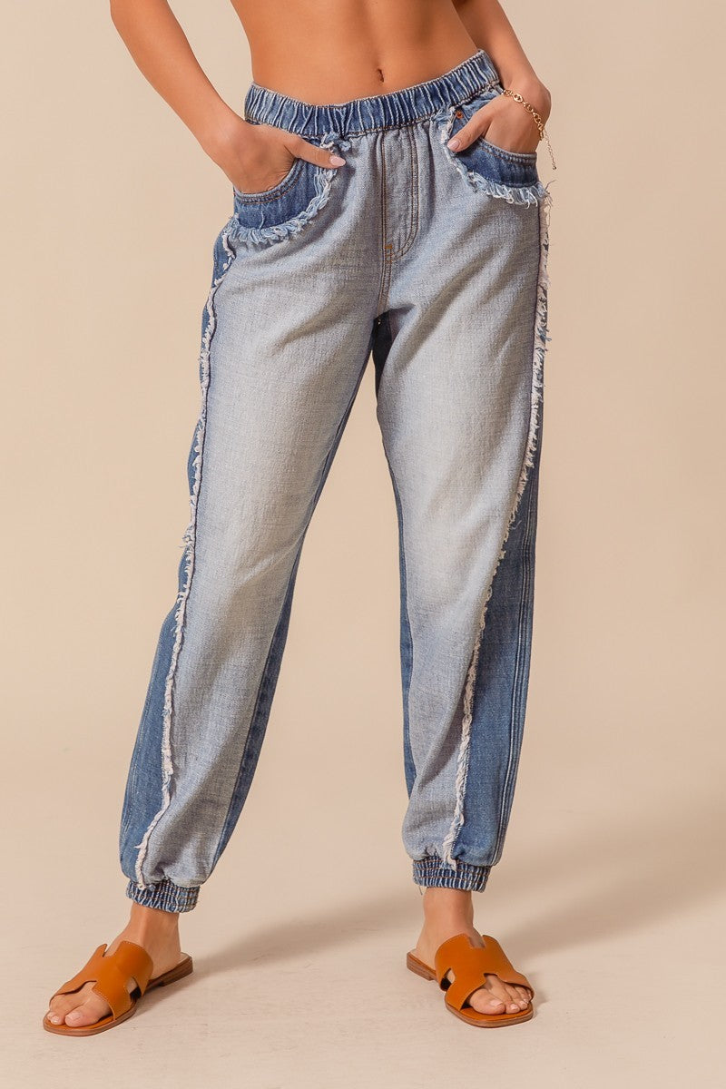 DISTRESSED DENIM JOGGER WITH ELASTICIZED WAIST