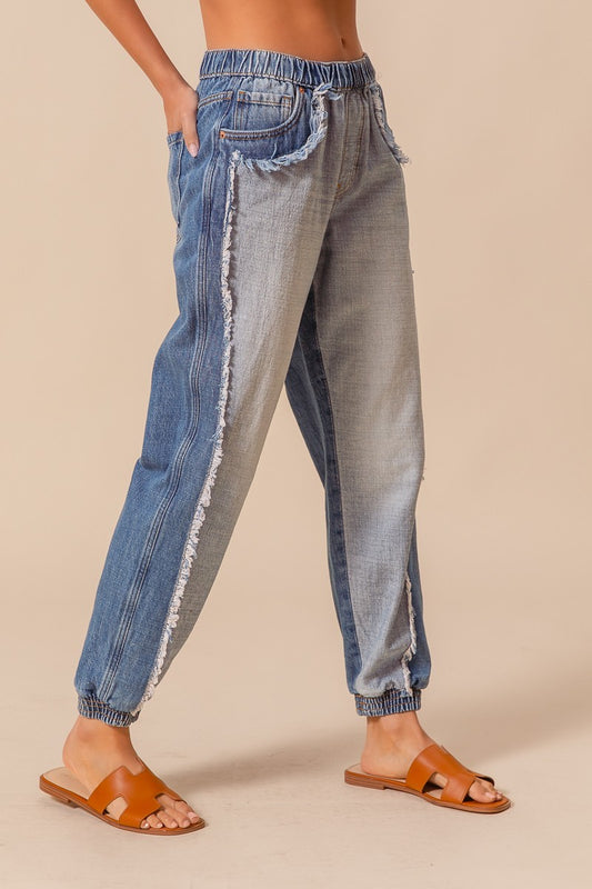 DISTRESSED DENIM JOGGER WITH ELASTICIZED WAIST