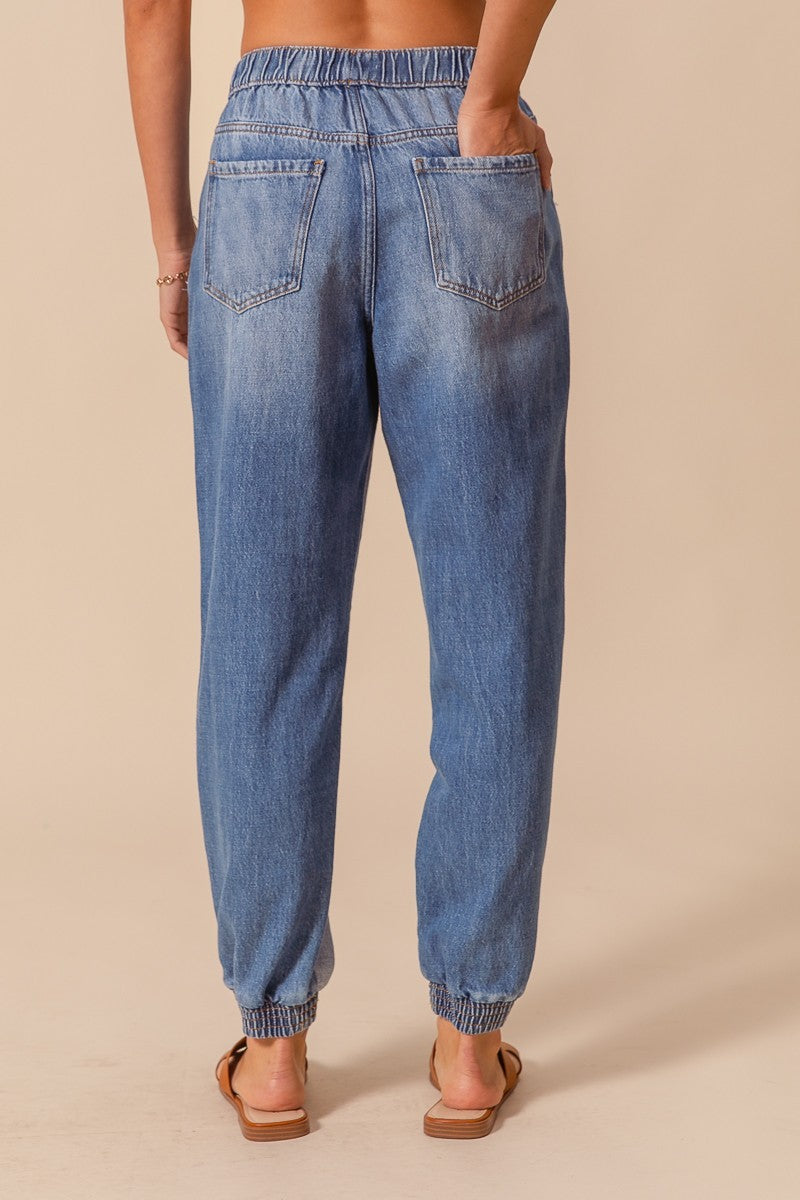 DISTRESSED DENIM JOGGER WITH ELASTICIZED WAIST