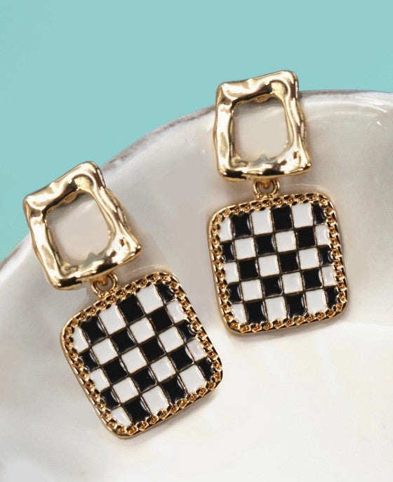 Double Square Checker Drop Earrings
