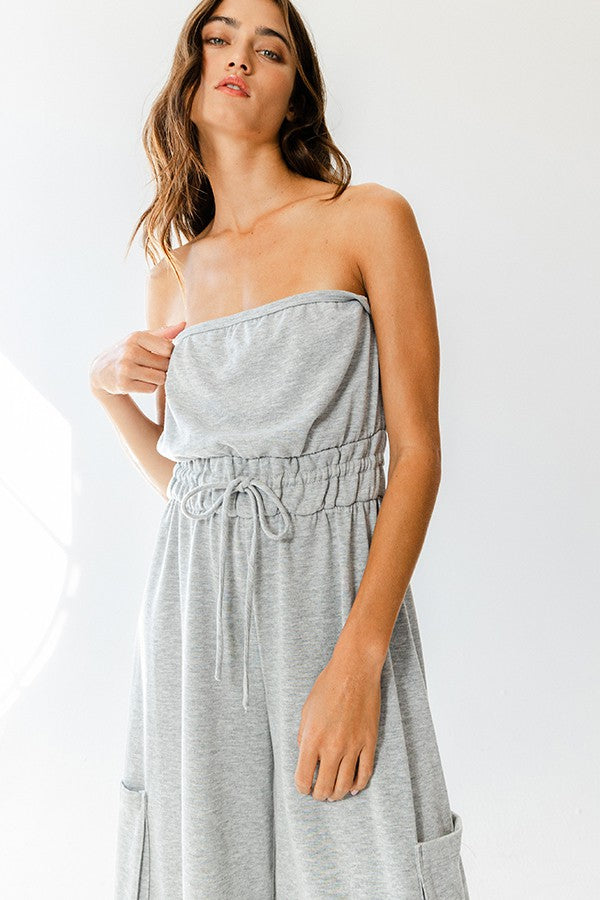 Gray For Days Drawstring Strapless Jumpsuit