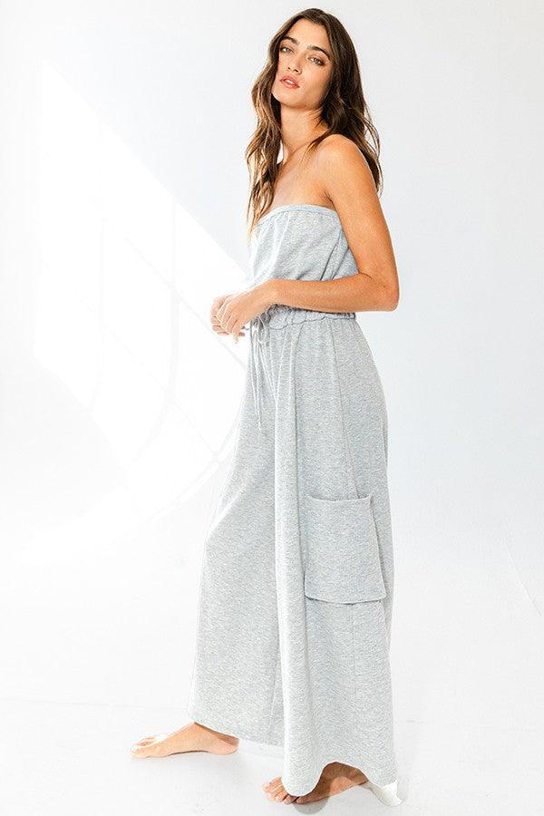 Gray For Days Drawstring Strapless Jumpsuit